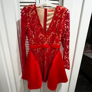 NWOT Low Cut  Red Lace Long Sleeve Dress With Nude Lining HOT HOT HOT